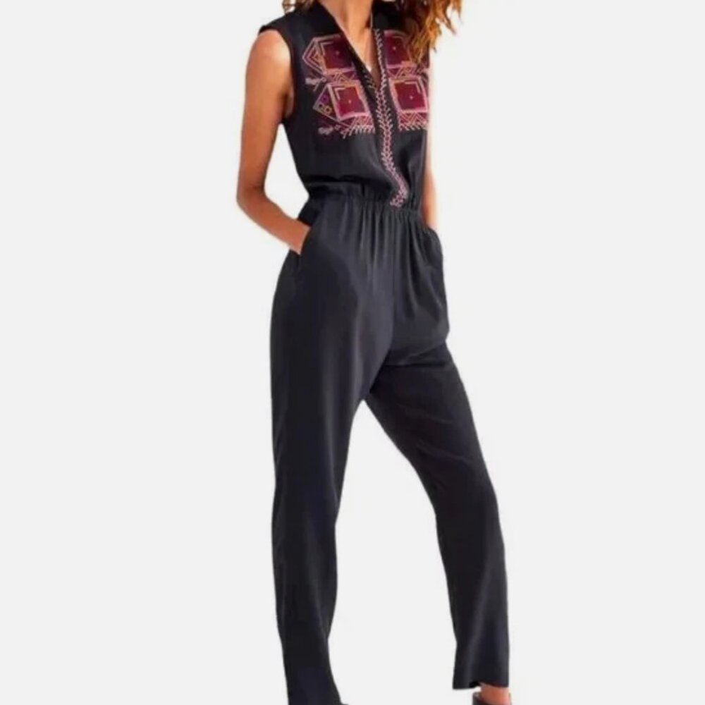 Madewell Embroidered Folkway Silk Black Jumpsuit
